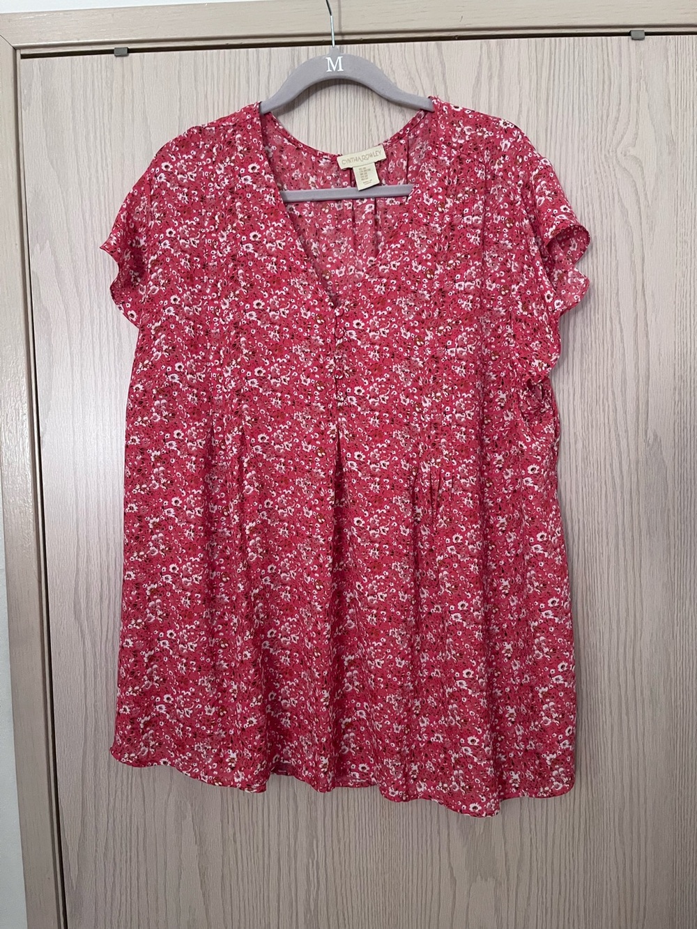 Cynthia Rowley Red Floral V-Neck Flutter Sleeve Blouse
